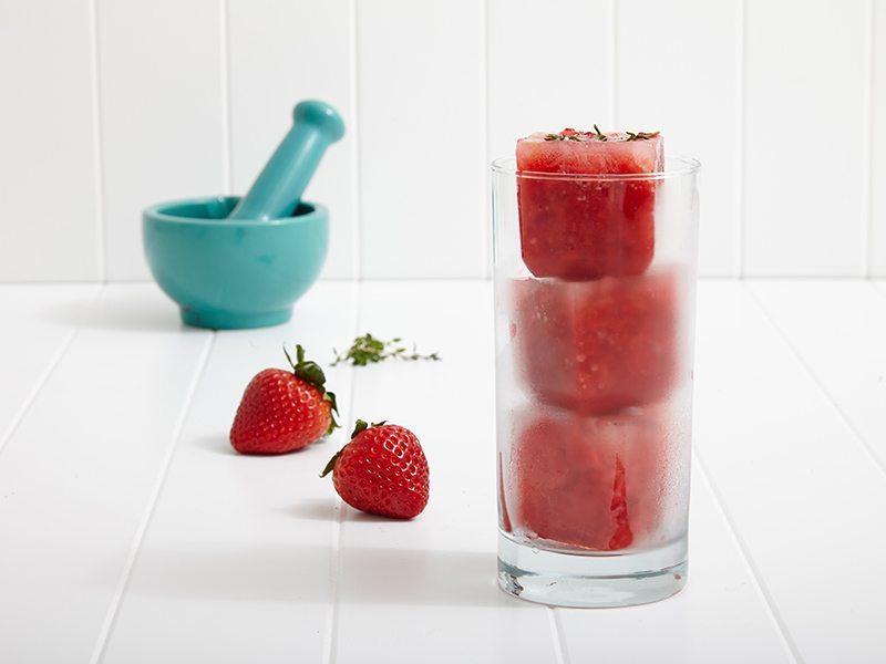 Muddled Strawberry and Thyme Ice Cubes